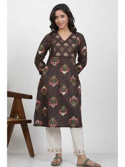 WISHFUL by W - Women Brown Floral Print Cotton Straight Kurta