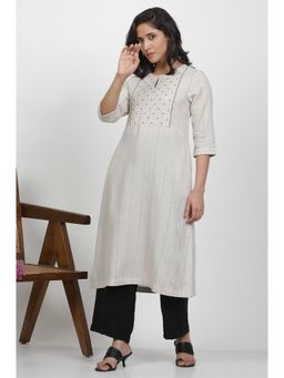 WISHFUL by W - Women White Striped Print Cotton Straight Kurta