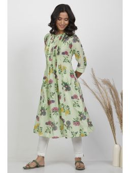 WISHFUL by W - Women Green Floral Print Cotton A-Line Kurta