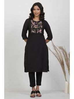 WISHFUL by W - Women Black Floral Print Cotton Straight Kurta