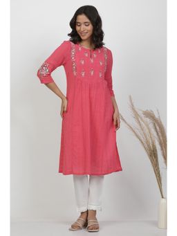 WISHFUL by W - Women Pink Floral Print Cotton Straight Kurta