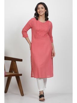 WISHFUL by W - Women Pink Self Design Cotton Straight Kurta