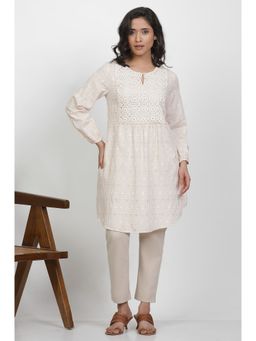 WISHFUL by W - Women Beige Checked Print Cotton Straight Tunic