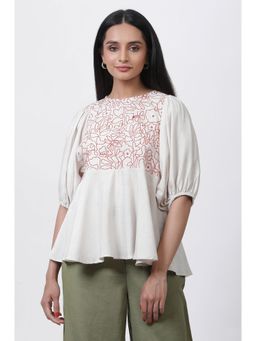 WISHFUL by W - Women Off White Embroidered Cotton A-Line Top