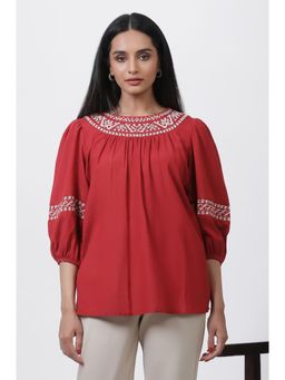 WISHFUL by W - Women Red Embroidered Print Rayon Straight Top