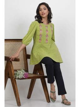 WISHFUL by W - Women Green Embroidered Print Cotton Straight Top