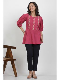 WISHFUL by W - Women Pink Embroidered Print Cotton Straight Top