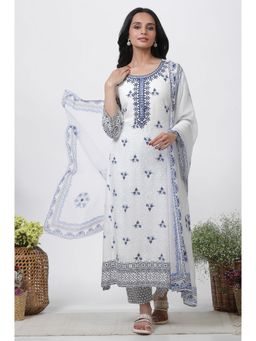 WISHFUL by W - Women White Floral Viscose Kurta with Pant & Dupatta (Set of 3)