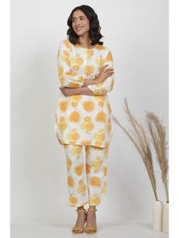 WISHFUL by W - Women Yellow Floral Print Cotton A-Line Co-Ord Kurta with Straight Pant (Set of 2)