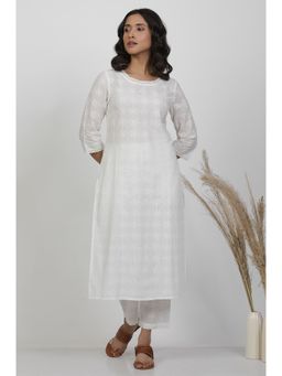 WISHFUL by W - Women White Cotton Straight Co-Ord Kurta with Straight Pant (Set of 2)