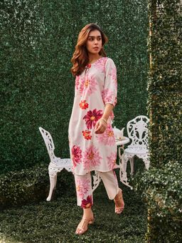 WISHFUL by W - Women White Floral Print Cotton A-Line Co-Ord Kurta with Straight Pant (Set of 2)
