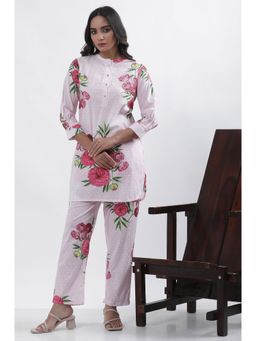 WISHFUL by W - Women Pink Floral Print Cotton A-Line Co-Ord Kurta with Straight Pant (Set of 2)