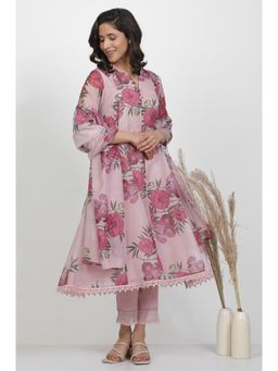 WISHFUL by W - Women Pink Floral Print Organza Flared Kurta with Slim Pant & Dupatta (Set of 3)