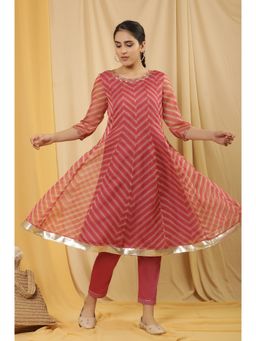 WISHFUL by W - Women Pink Striped Print Organza Flared Kurta with Straight Pant (Set of 2)