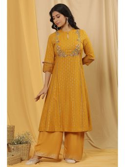 Wishful - Women Yellow Floral Print Viscose A-Line Kurta with Parallel Pant (Set of 2)