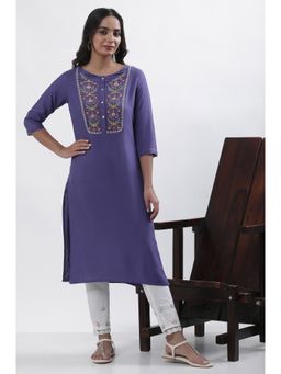 WISHFUL by W - Women Purple Embroidered Viscose Straight Kurta with Slim Pant (Set of 2)