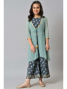 Aurelia - Girls Liva Mint Green Gilet with Dark Blue Floral Top and Palazzo (Set of 3)