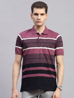 Monte Carlo - Men Striped Purple Collar Neck Half Sleeve Polo T-Shirt