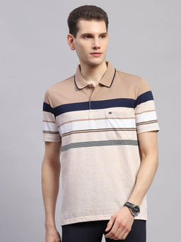 Monte Carlo - Men Striped Brown Collar Neck Half Sleeve Polo T-Shirt