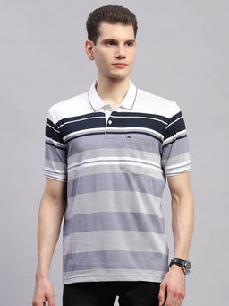 Monte Carlo - Men Striped Navy Blue Collar Neck Half Sleeve Polo T-Shirt