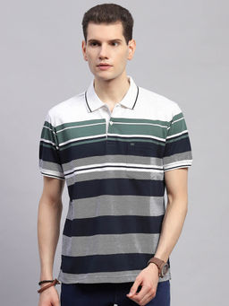 Monte Carlo - Men Striped Green Collar Neck Half Sleeve Polo T-Shirt