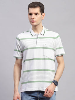 Monte Carlo - Men Striped Green Collar Neck Half Sleeve Polo T-Shirt