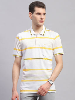 Monte Carlo - Men Striped Yellow Collar Neck Half Sleeve Polo T-Shirt