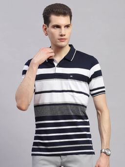 Monte Carlo - Men Striped Navy Blue Collar Neck Half Sleeve Polo T-Shirt