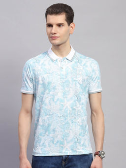 Monte Carlo - Men Printed Sky Blue Collar Neck Half Sleeve Polo T-Shirt