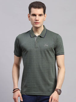 Monte Carlo - Men Checks Olive Collar Neck Half Sleeve Polo T-Shirt