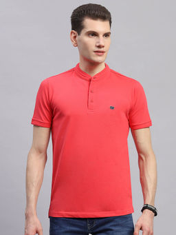 Monte Carlo - Men Solid Pink Band Neck Half Sleeve T-Shirt