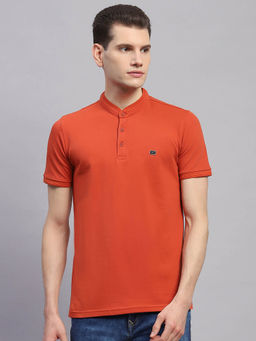 Monte Carlo - Men Solid Orange Band Neck Half Sleeve T-Shirt