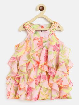 Nautinati - Pink Yellow Floral Georgette A-Line Dress