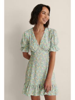 NA-KD - V-neck Frill Hem Mini Dress-blue Flower