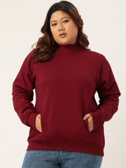 theRebelinme - Plus Size Women Maroon Solid Color High Neck Fleece Sweatshirt
