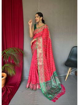 EXCLUSIVA - Pink Woven Patola Saree with Unstitched