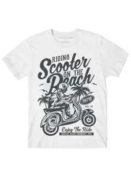 THREADCURRY - Scooter On Beach Boys Graphic Printed T-Shirt - White
