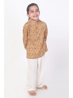 BREATH:ABLES - Kids Mustard Cotton Camel Print Kurta & Pyjama
