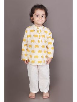 BREATH:ABLES - Kids White Cotton Elephant Print Kurta & Pyjama