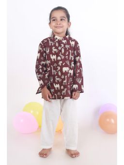 BREATH:ABLES - Kids Wine Cotton Printed Kurta & Pyjama
