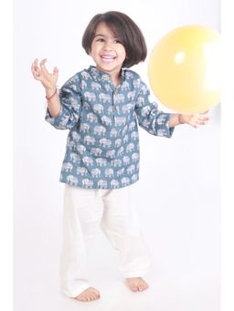 BREATH:ABLES - Kids Grey Cotton Elephant Print Kurta & Pyjama