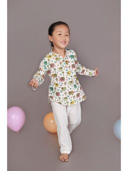 BREATH:ABLES - Kids White Cotton Elephant Print Kurta & Pyjama