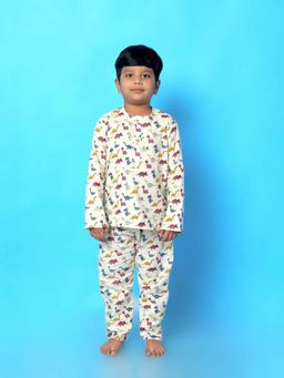 BREATH:ABLES - Kids Cream Cotton Dinosour Print Kurta & Pyjama