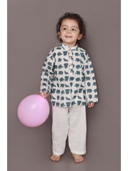 BREATH:ABLES - Kids White Cotton Elephant Print Kurta & Pyjama