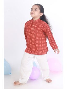 BREATH:ABLES - Kids Red Cotton Polka Print Kurta & Pyjama