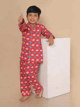 BREATH:ABLES - Kids Red Cotton Elephant Print Shirt & Pyjama