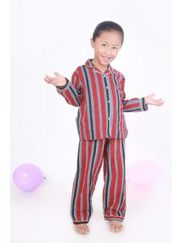 BREATH:ABLES - Kids Red Cotton Striped Shirt & Pyjama