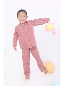 BREATH:ABLES - Kids Red Cotton Striped Shirt & Pyjama