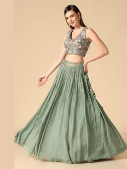 "Two Sisters" by Gyans - Sage Green Embroidered Lehenga With Blouse And Cape