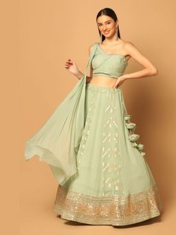 "Two Sisters" by Gyans - Pista Green Off-Shoulder Lehenga With Blouse
